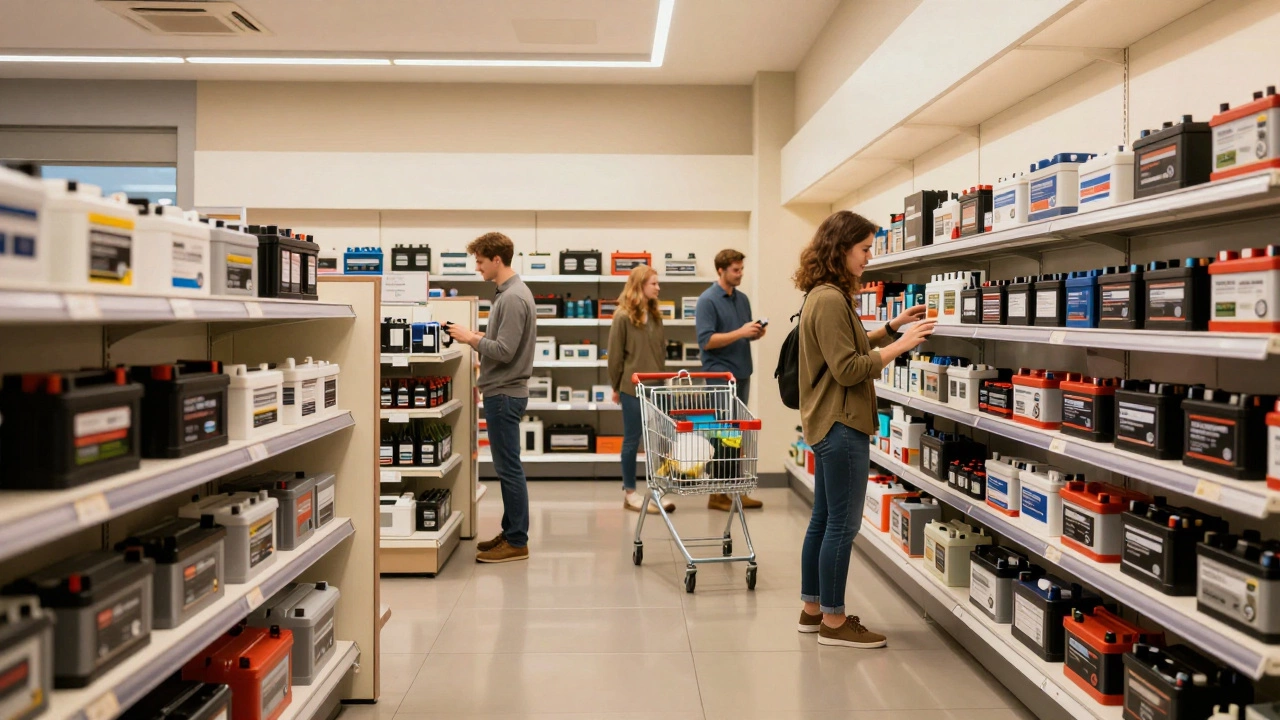 Покупатель выбирает новый аккумулятор в магазине