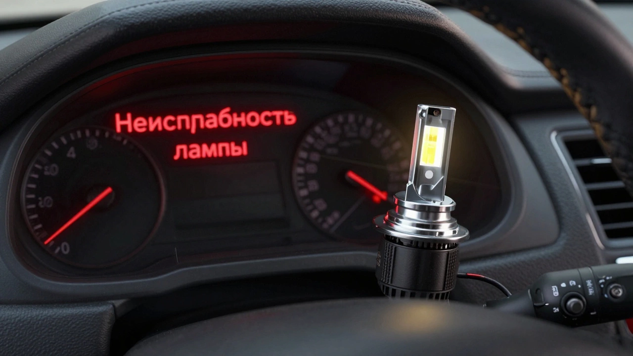 Приборная панель автомобиля с предупреждением о неисправности лампы и светодиодной лампой рядом с CAN-бус адаптером на сиденье.