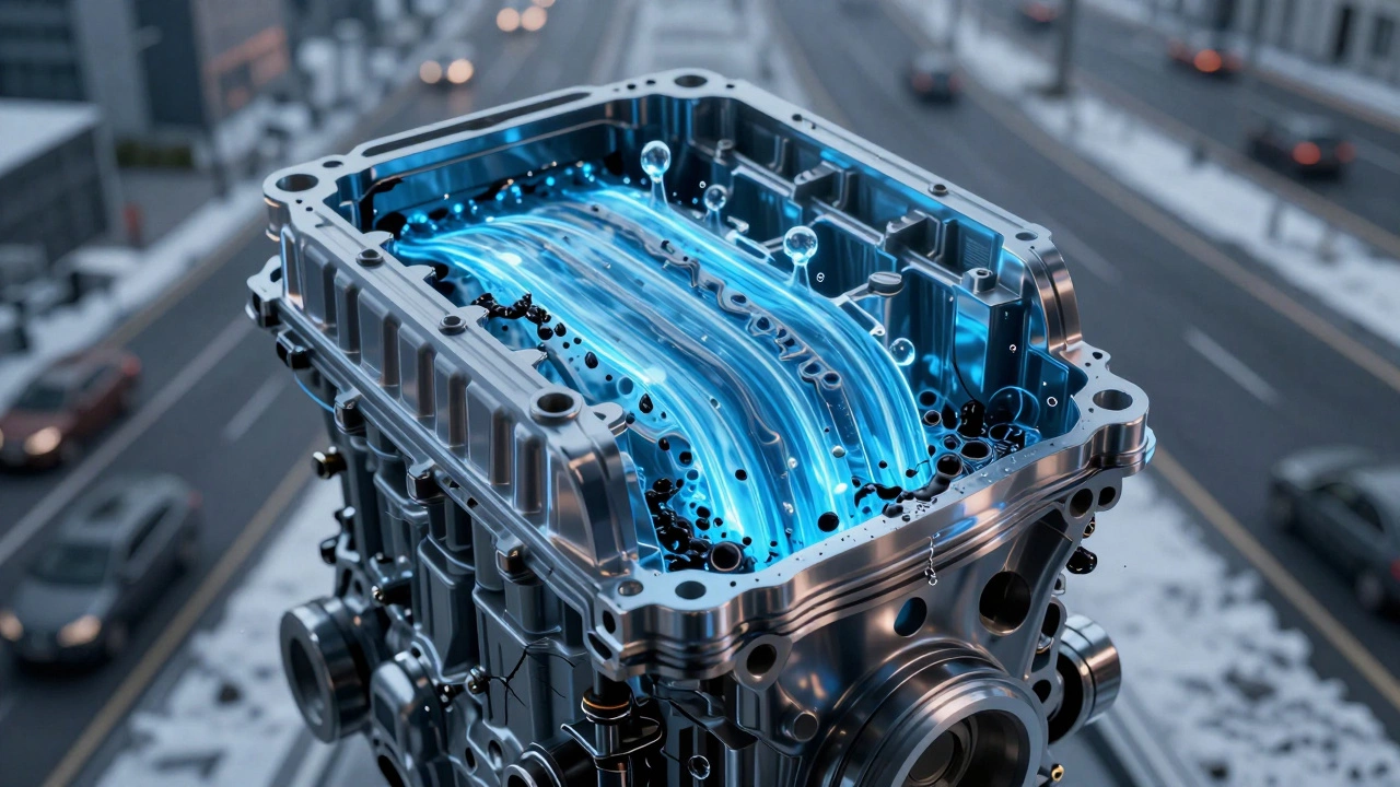 Прозрачный двигатель с потоком масла 5W30, загрязненного сажей и влагой, с разными стилями вождения на заднем плане.