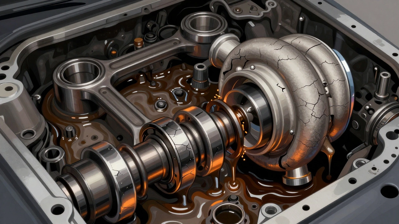 Разрез двигателя с сухими деталями, трущимися друг о друга из-за отсутствия смазки и слоя нагара.