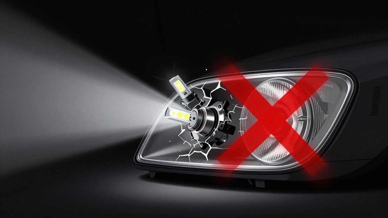 Разрушенная оптика фары с неправильно установленными светодиодами и рассеянным светом.