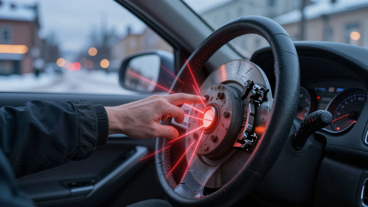 Рука за рулем, прозрачный слой изношенных тормозных колодок и искры на диске, зимний город за окном