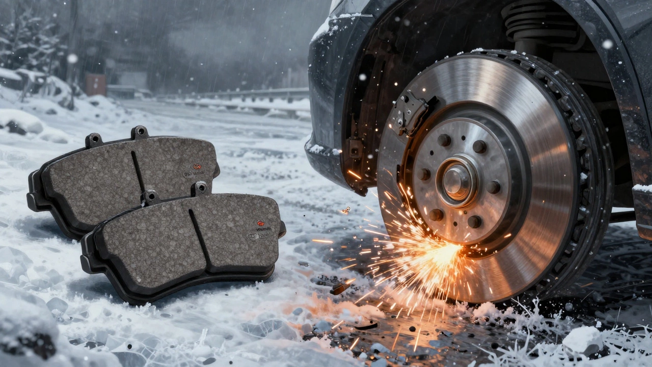 Сравнение новых и изношенных тормозных колодок: слева — целые, справа — металлические искры на льду