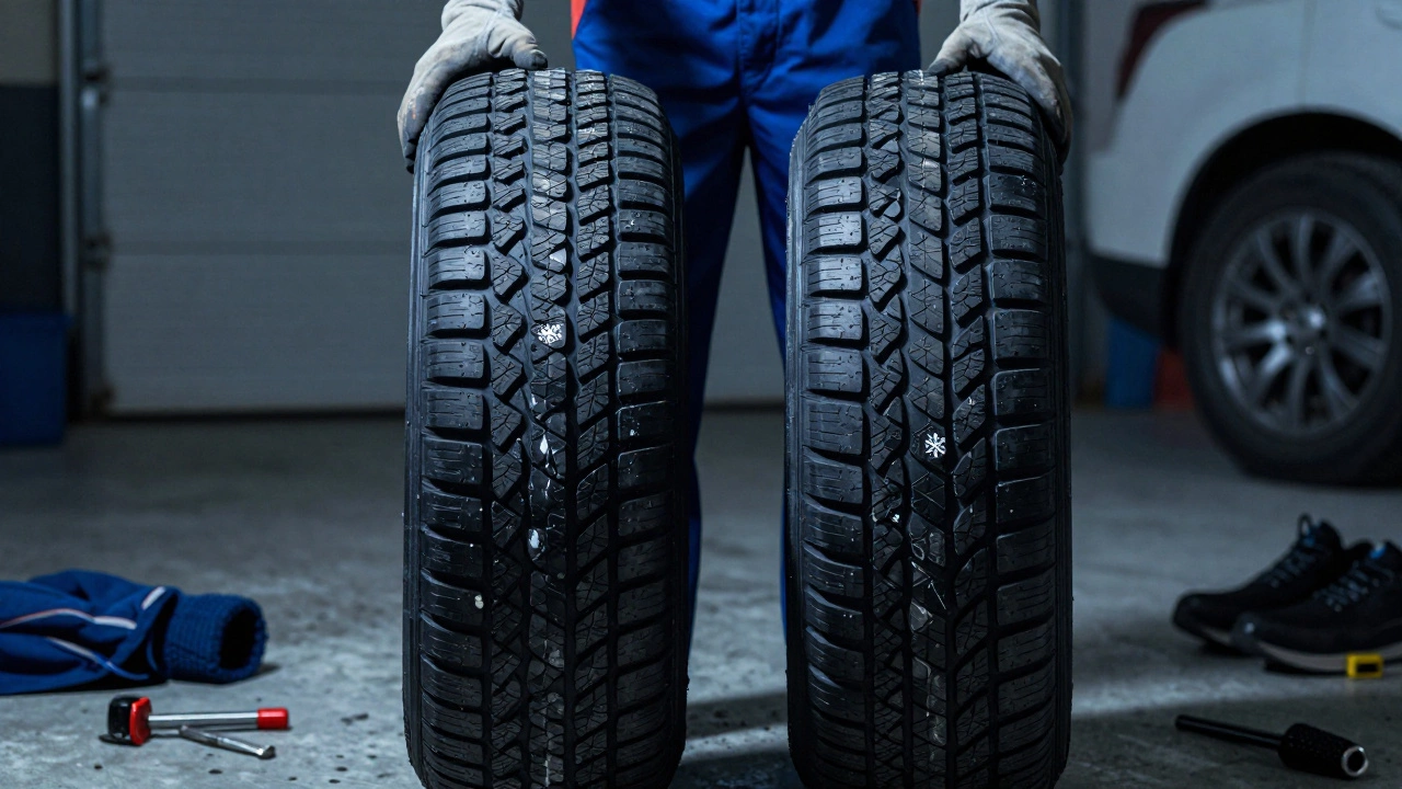 Сравнение всесезонной шины с маркировкой M+S и зимней шины с символом снежинки 3PMSF.