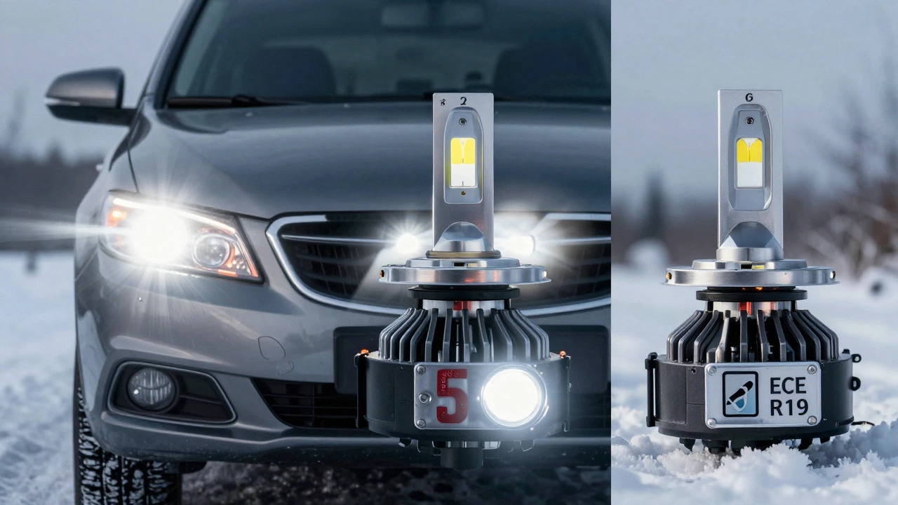 Сравнение запрещённых и разрешённых мест установки светодиодных ламп в автомобиле: фары, салон и противотуманные огни с сертификацией.