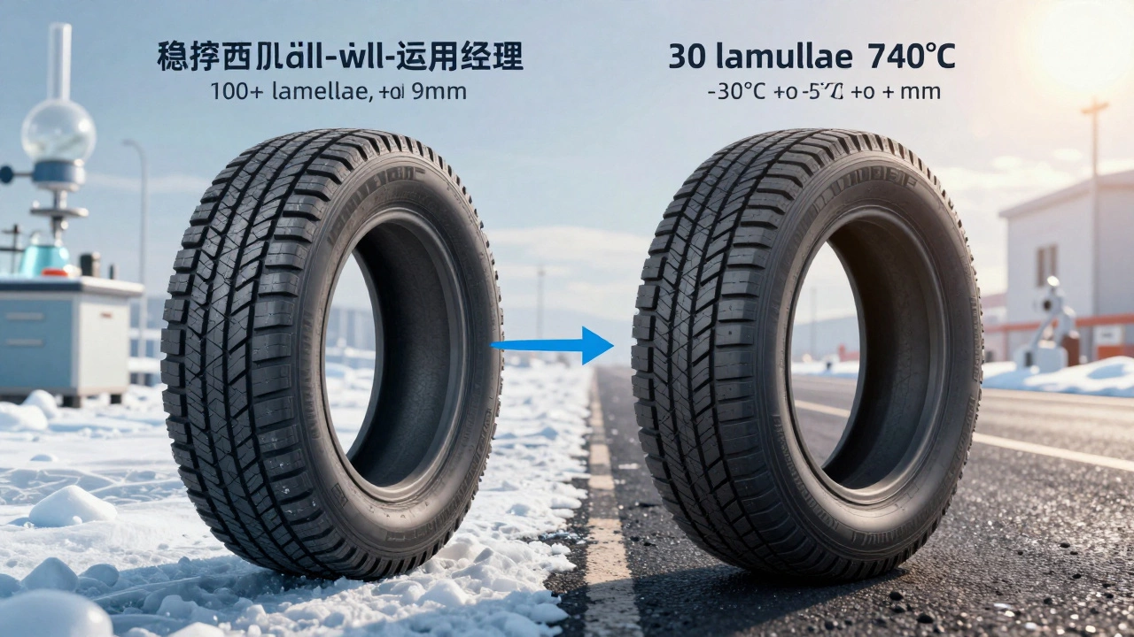 Технический разрез шин: всепогодные с множеством ламелей и специальной резиной против всесезонных.