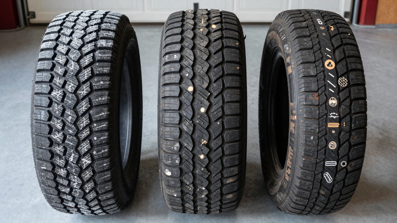 Три типа шин на полу гаража: европейские, российские и изношенные — с визуализацией компонентов производства.