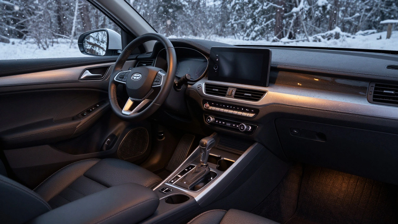 Внутренний вид салона автомобиля с подогреваемым рулем и ортопедической подушкой.