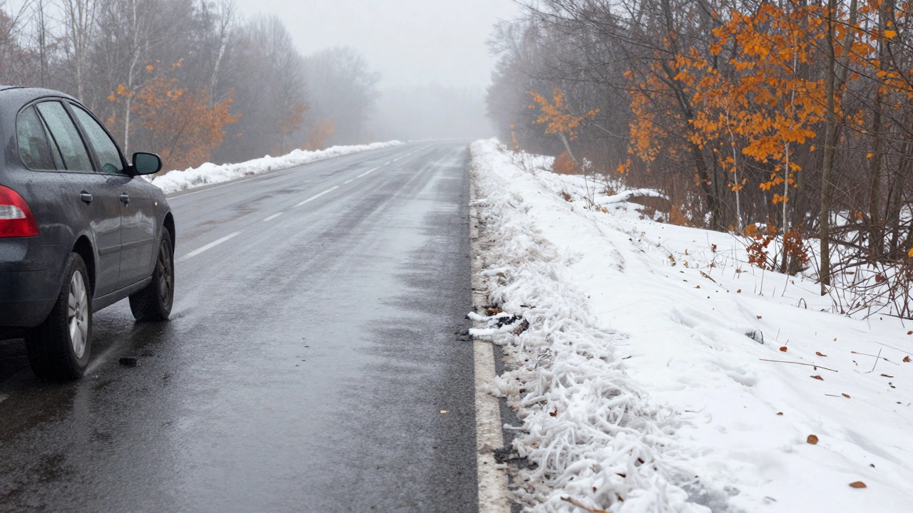 Автомобиль на дороге с переходом от мокрого асфальта к легкому снегу