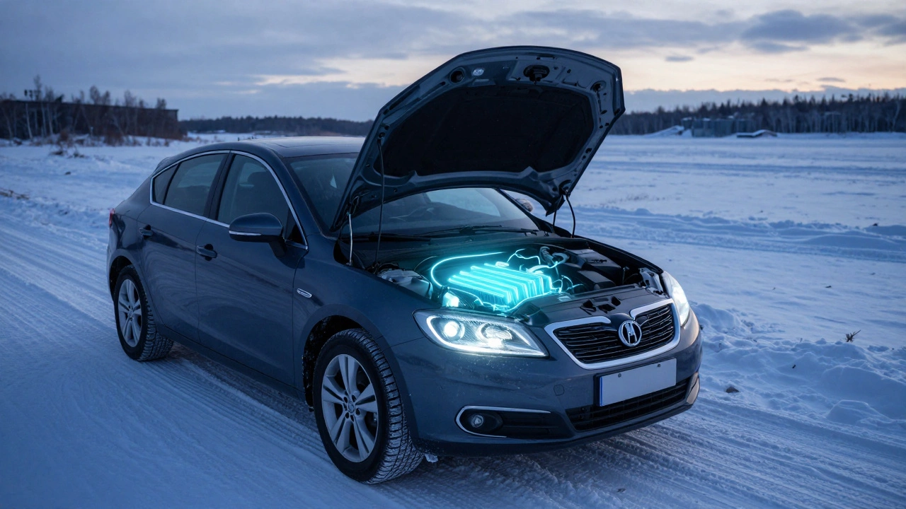 Автомобиль в зимнем заснеженном пейзаже с акцентом на подогрев батареи