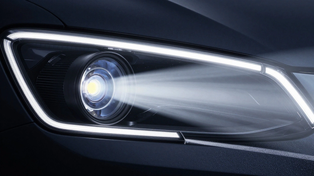 Крупный план линзы Bi-LED фары с четкой светотеневой границей на дороге