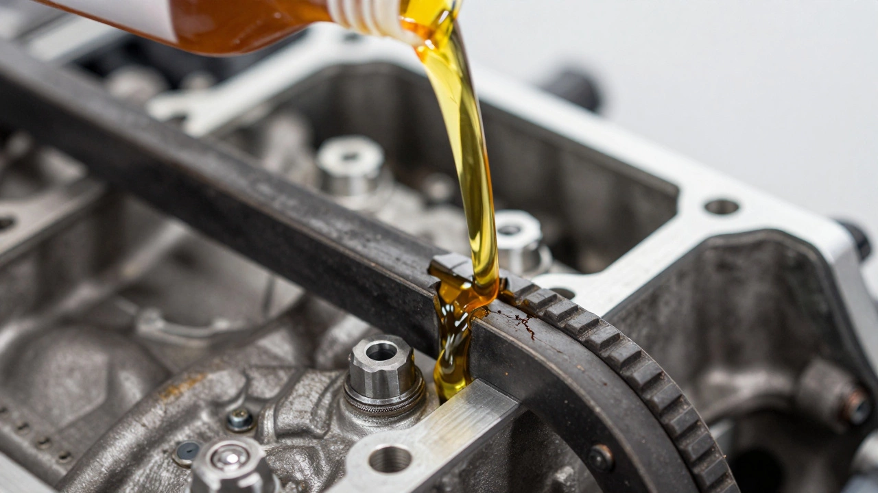 Макросъемка изношенного ремня ГРМ и заливаемого свежего моторного масла