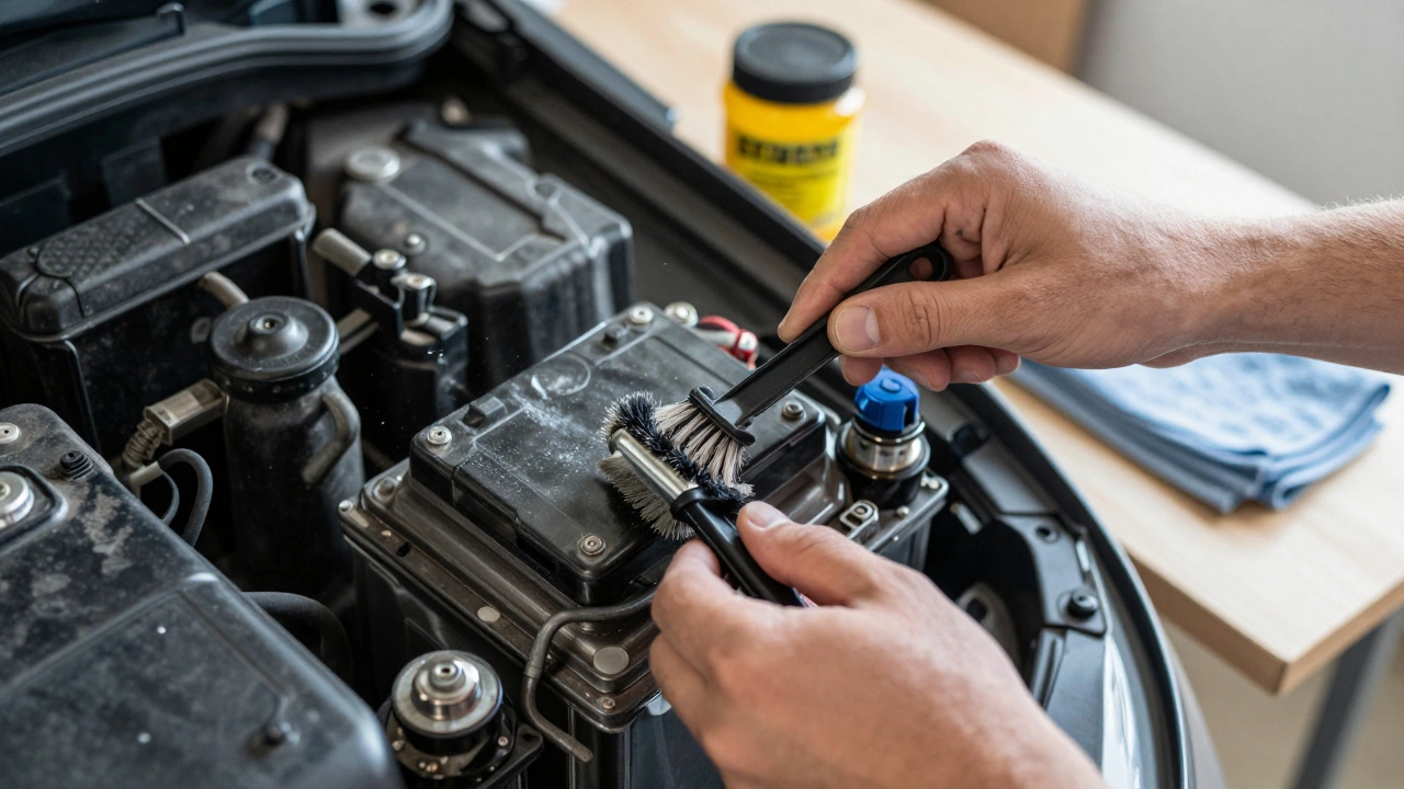 Процесс очистки клемм аккумулятора металлической щеткой в гараже