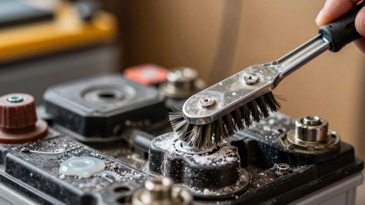 Процесс очистки клемм автомобильного аккумулятора от окисления