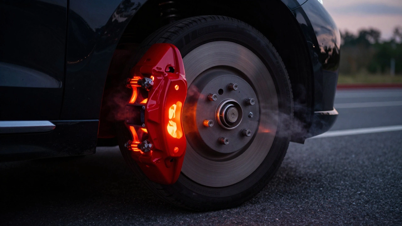 Раскаленный тормозной диск автомобиля после резкого торможения на дороге