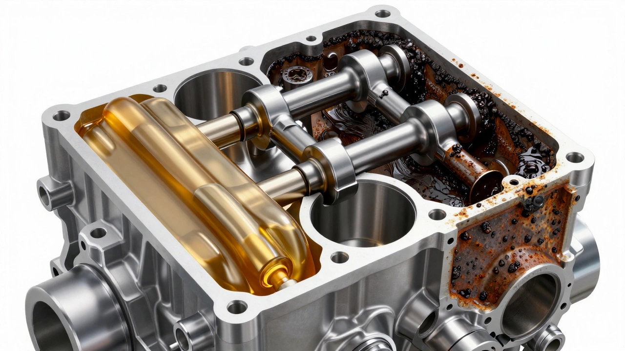 Схематичное изображение износа двигателя и защитной масляной пленки