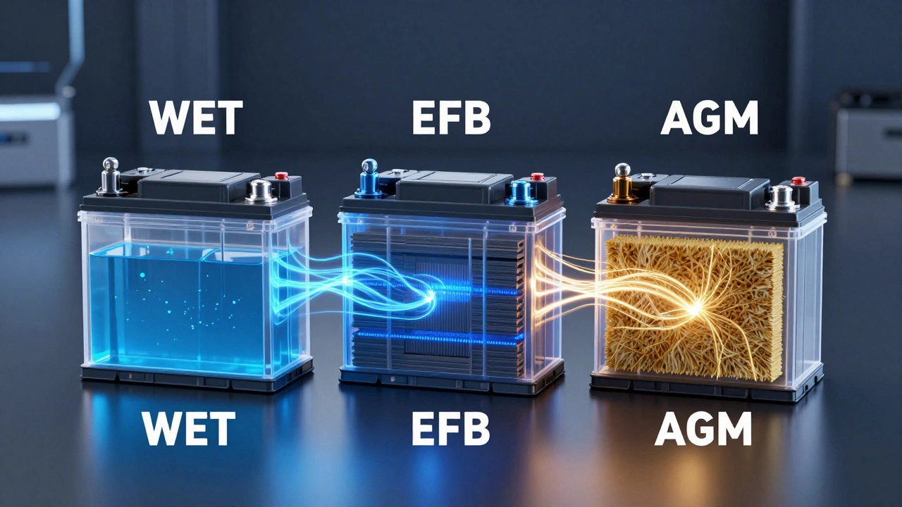 Сравнение внутреннего устройства аккумуляторов типов WET, EFB и AGM