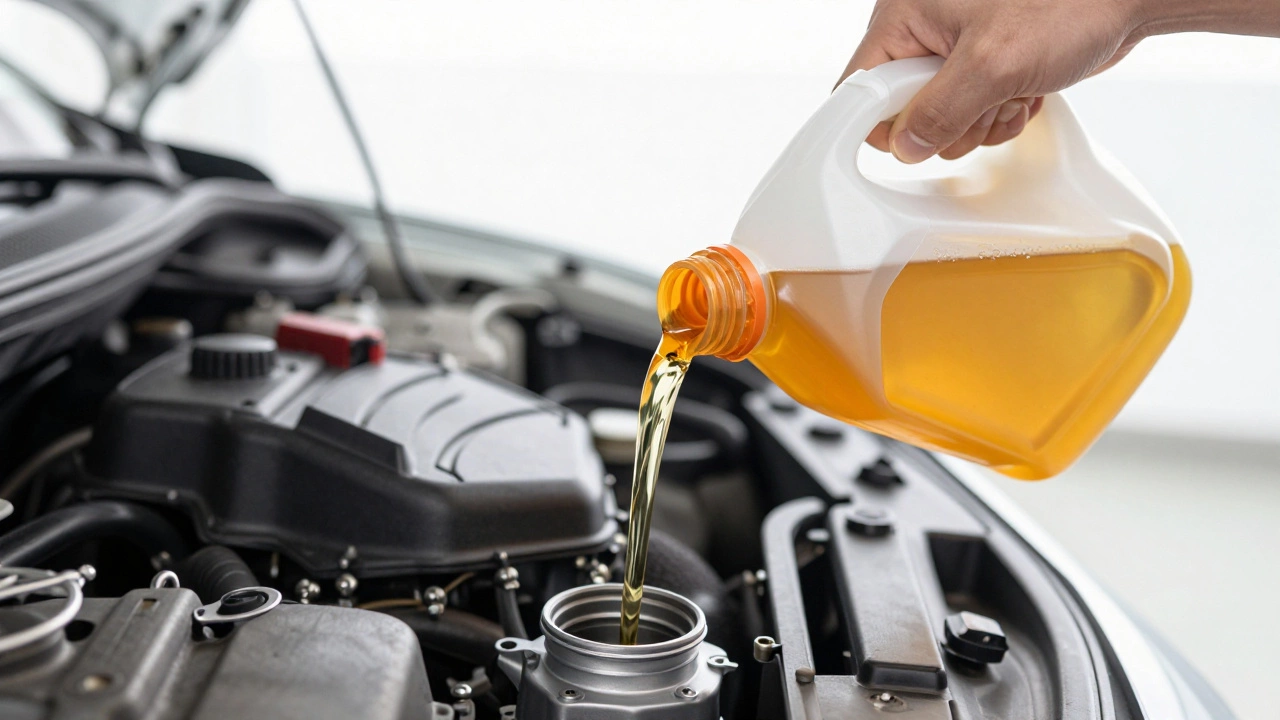 Заливка свежего золотистого синтетического масла в двигатель автомобиля
