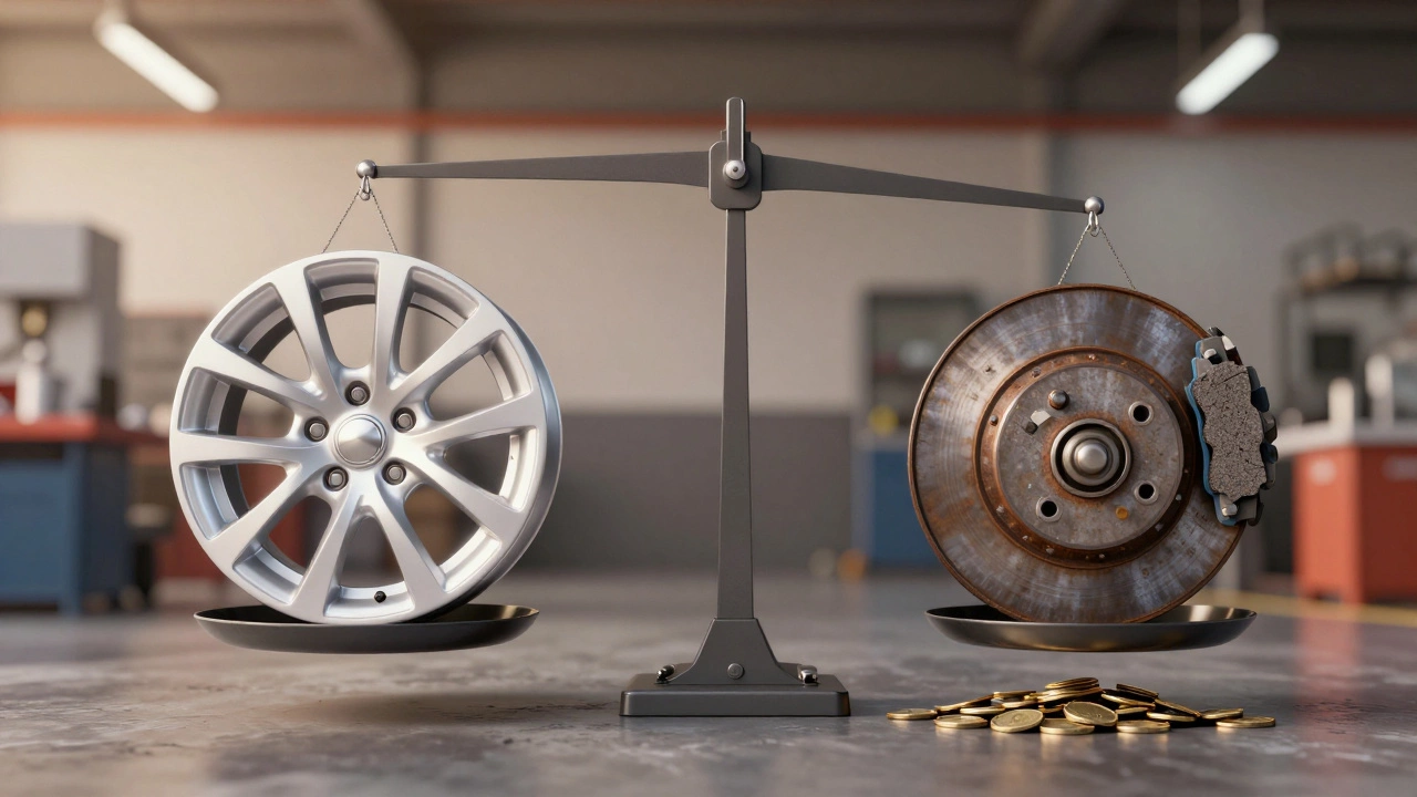 Весы с чистым колесом и монетами, символизирующие выбор типа колодок