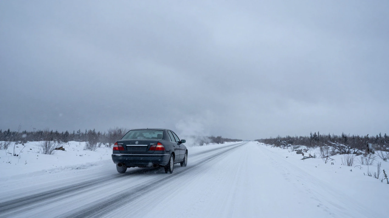 Car driving on a snowy highway in winter conditions