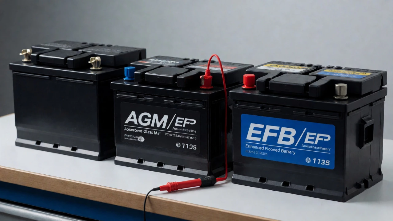Рядом стоят обычный, AGM и EFB автомобильные аккумуляторы на столе
